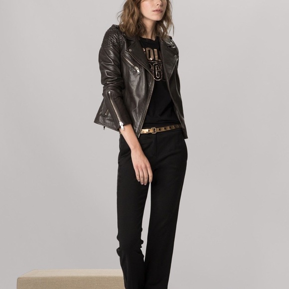 Chocolate brown Maje lambskin leather structured moto jacket - Picture 5 of 5